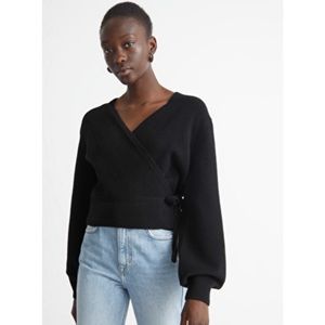 & Other Stories Knitted cropped wrap v neck cardigan with balloon sleeves